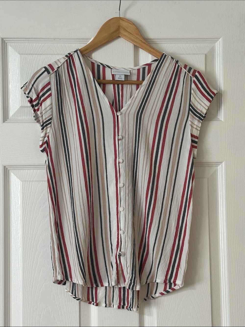 Liz Claiborne Cream Blouse with Red & Black Stripes